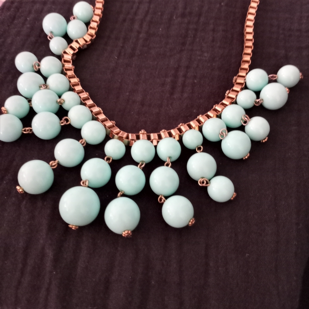 Blue Chunky Beaded Necklace with Gold Box Chain - Picture 9 of 9